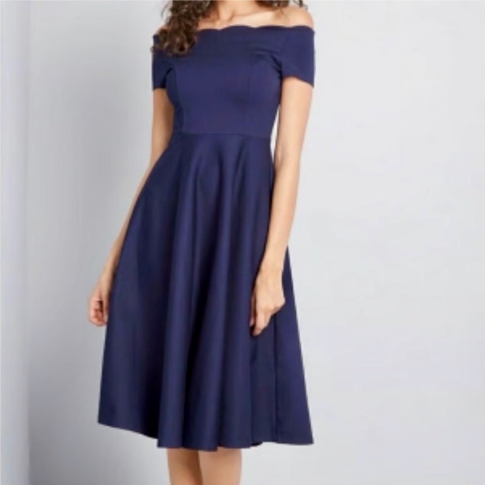 Modcloth Navy Off-Shoulder Fit-and-Flare Midi Dress